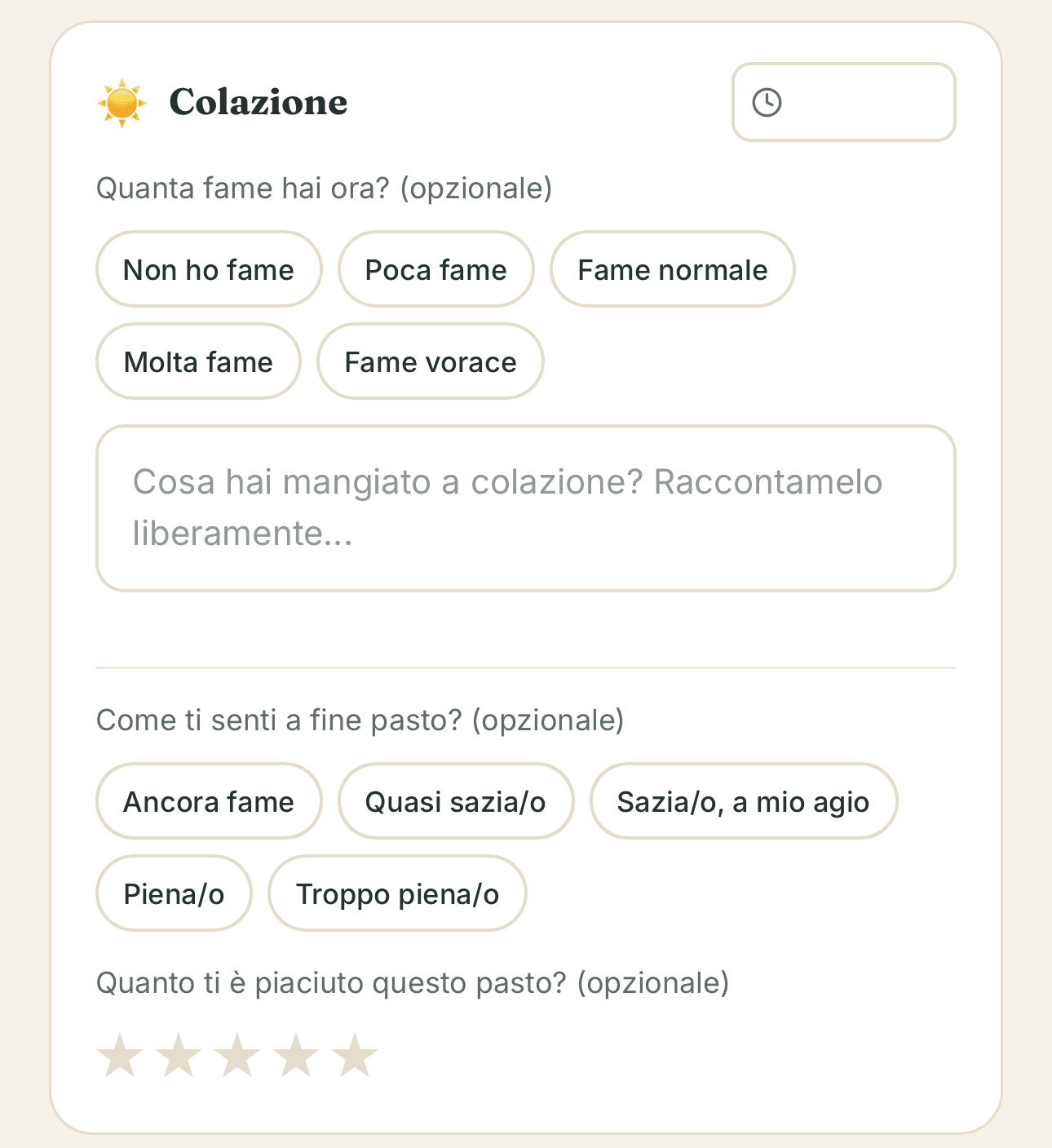 Schermata del diario Nutrisitter: la fame prima del pasto e la sazietà dopo