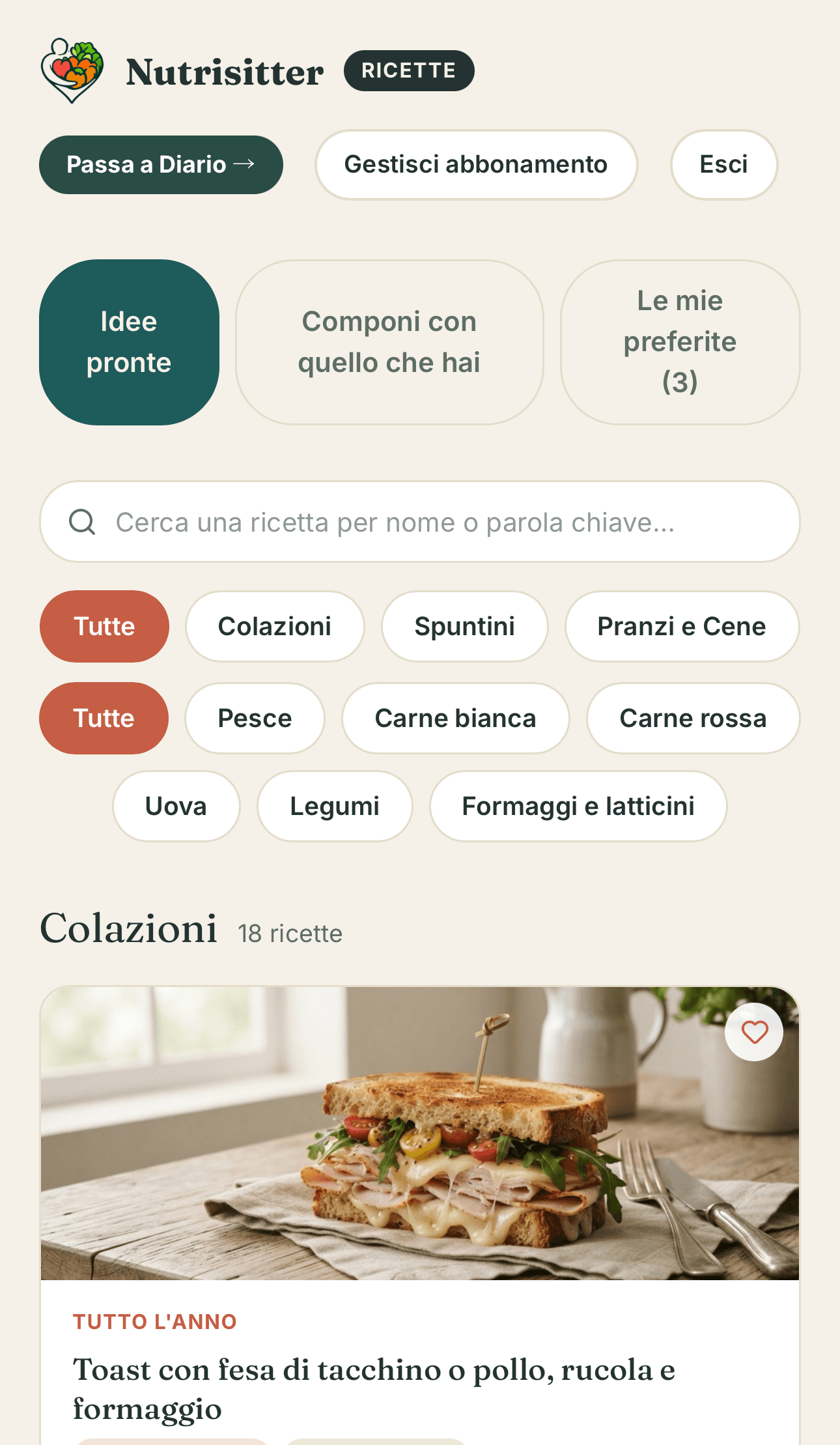 Schermata del ricettario Nutrisitter da telefono, con ricette divise per pasto